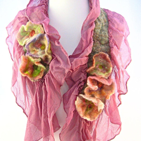 Nuno Felt Scarf Pink Blossoms Merino Silk Ruffle Scarf  - Katsara original