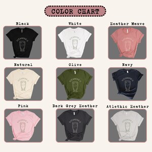 May include: A color chart displays nine t-shirts in various colors, including black, white, and pink. Each shirt features a graphic of a glass and the text "VITAMINE C". The chart is labeled "COLOR CHART" at the top.