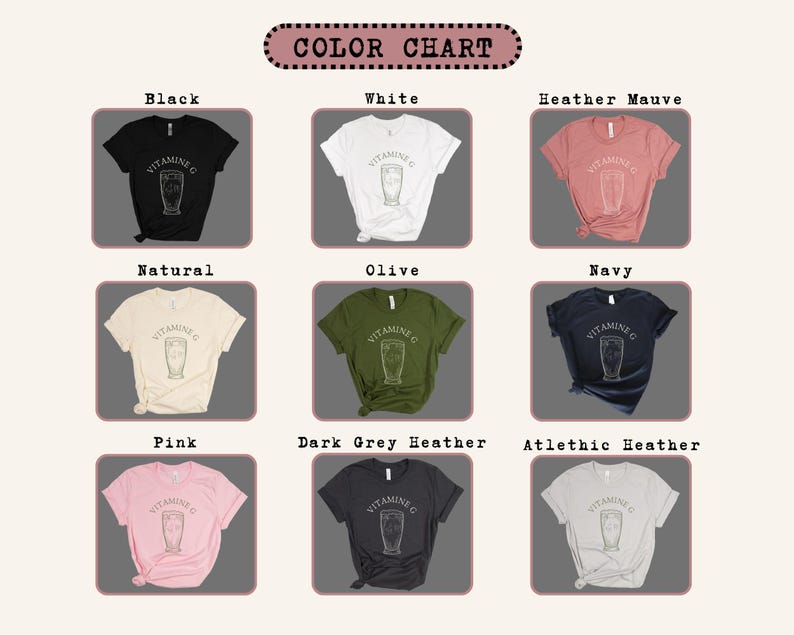 May include: A color chart displays nine t-shirts in various colors, including black, white, and pink. Each shirt features a graphic of a glass and the text "VITAMINE C". The chart is labeled "COLOR CHART" at the top.