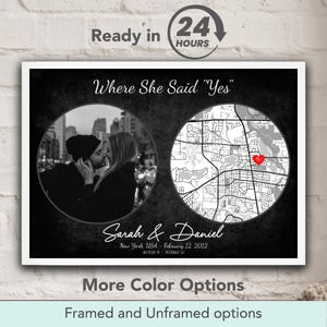 Où elle a dit oui, cadeau d'anniversaire de mariage, cadeau de fiançailles pour couple, impression personnalisée de localisation sur une carte, affiche personnalisée où nous nous sommes rencontrés