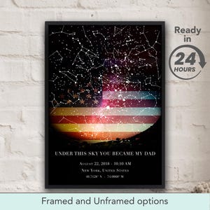 Affiche personnalisée de carte des étoiles, drapeau des États-Unis, sous ce ciel, vous êtes devenu mon père, cadeau d'anniversaire personnalisé pour la fête des pères, impression de ciel nocturne par date
