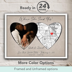 Cadeau de fiançailles pour couple, cadeaux de mariage, où elle a dit oui, impression personnalisée de localisation sur une carte, affiche où nous nous sommes rencontrés, cadeau d'anniversaire personnalisé