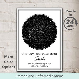 May include: A black and white star map print with the text "The Day You Were Born" and a name, "Sarah", below it. The date and coordinates of New York, USA are listed below the name.