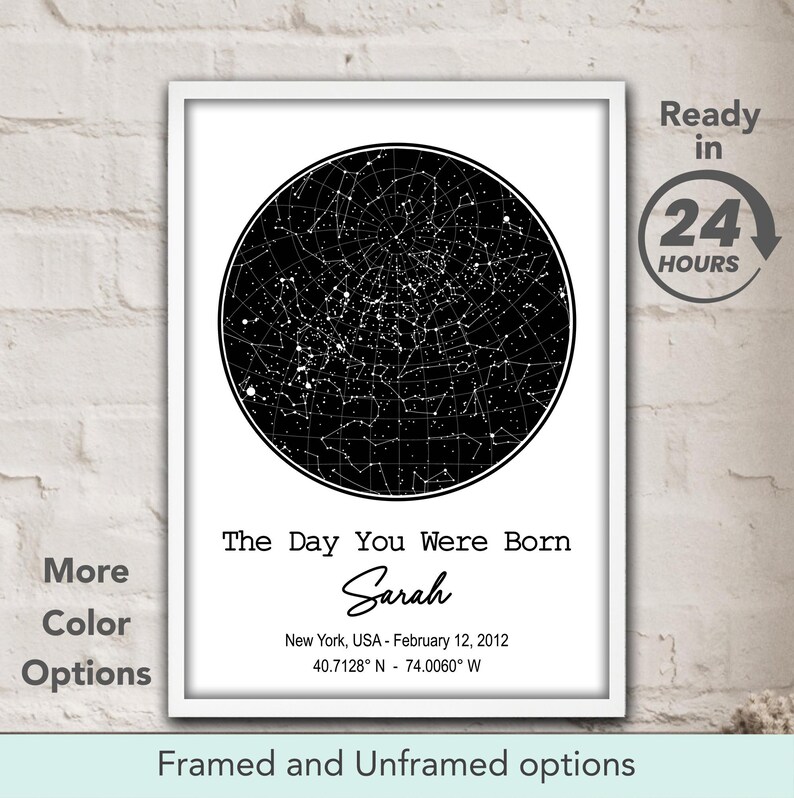 May include: A black and white star map print with the text "The Day You Were Born" and a name, "Sarah", below it. The date and coordinates of New York, USA are listed below the name.