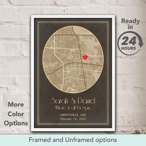 Où tout a commencé - Premier rendez-vous imprimé - Où nous nous sommes rencontrés - Carte de localisation personnalisée - Poster pour couple personnalisé - Cadeau d'anniversaire