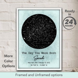 May include: A blue and white watercolor background with a black circle containing a star map. The text "The Day You Were Born" is above the circle, with the name "Sarah" written in cursive below. The date "February 12, 2012" and coordinates "40.7128&deg;N 74.0060&deg; W" are below the name. The text "Ready in 24 HOURS" is in the upper right corner of the image.