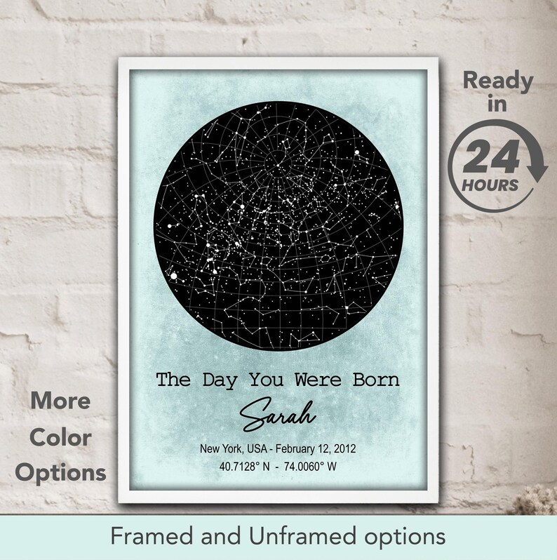 May include: A blue and white watercolor background with a black circle containing a star map. The text "The Day You Were Born" is above the circle, with the name "Sarah" written in cursive below. The date "February 12, 2012" and coordinates "40.7128&deg;N 74.0060&deg; W" are below the name. The text "Ready in 24 HOURS" is in the upper right corner of the image.