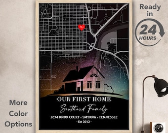 May include: A framed digital print featuring a map with a red heart marker. The print includes a house illustration and the text "OUR FIRST HOME" with a family name and address. The words "Ready in 24 HOURS" are also visible.