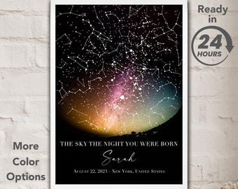 May include: A personalized star map print with a black background and a colorful galaxy. The text reads "The sky the night you were born" with the name "Sarah" and the date "August 22, 2023" and location "New York, United States".