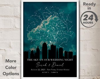 Puede incluir: Impresión digital enmarcada con un cielo estrellado turquesa y blanco sobre un horizonte urbano. El texto dice "THE SKY ON OUR WEDDING NIGHT" con nombres y una fecha. Texto adicional incluye "Ready in 24 HOURS" y "More Color Options."