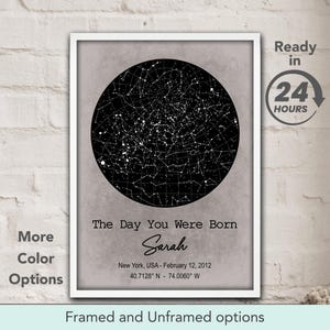 May include: A black and white star map print with the text "The Day You Were Born" and a name, "Sarah", in cursive. The date and coordinates are listed below the name. The print is framed and has a gray background.