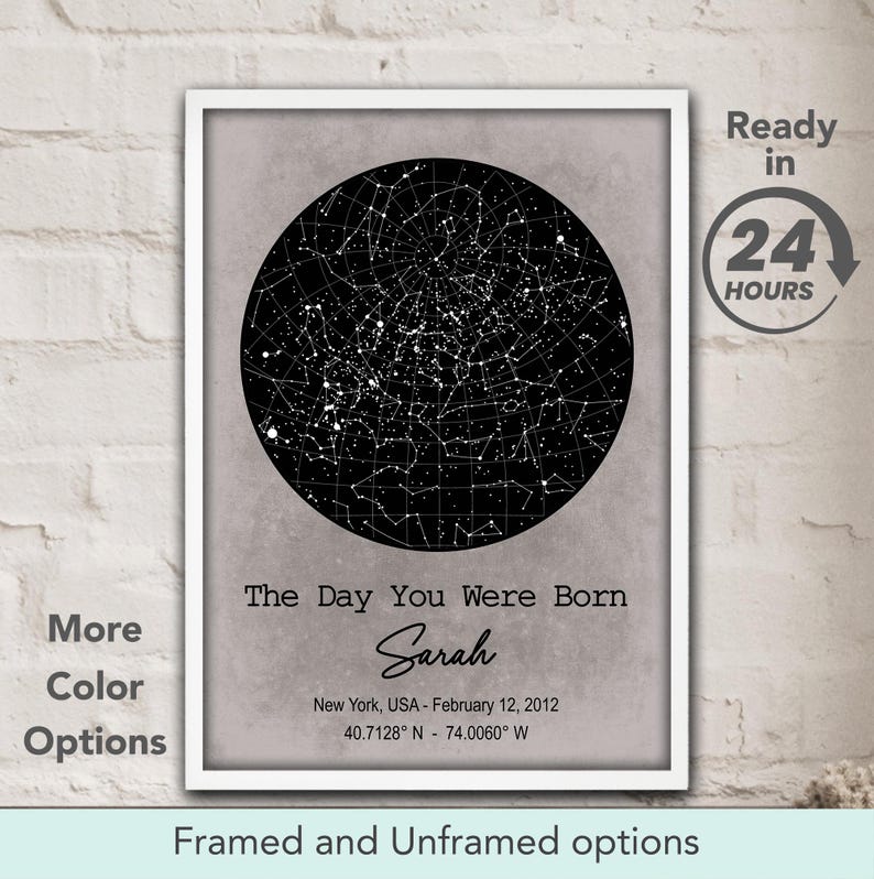 May include: A black and white star map print with the text "The Day You Were Born" and a name, "Sarah", in cursive. The date and coordinates are listed below the name. The print is framed and has a gray background.