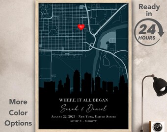 May include: A framed map print with a city skyline silhouette and a red heart marker. The text "Where It All Began" is above names and a date. Additional text includes "More Color Options" and "Made-to-order DIGITAL DOWNLOAD".