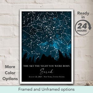Le ciel la nuit où vous êtes né, anniversaire carte des étoiles personnalisée, affiche personnalisée, impression ciel nocturne, cadeau d'anniversaire, carte de la constellation