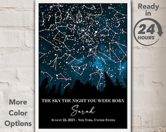 Puede incluir: Una impresión personalizada de mapa de estrellas con fondo azul oscuro y estrellas blancas. El texto dice "El cielo la noche en que naciste" e incluye un nombre, una fecha y una ubicación.
