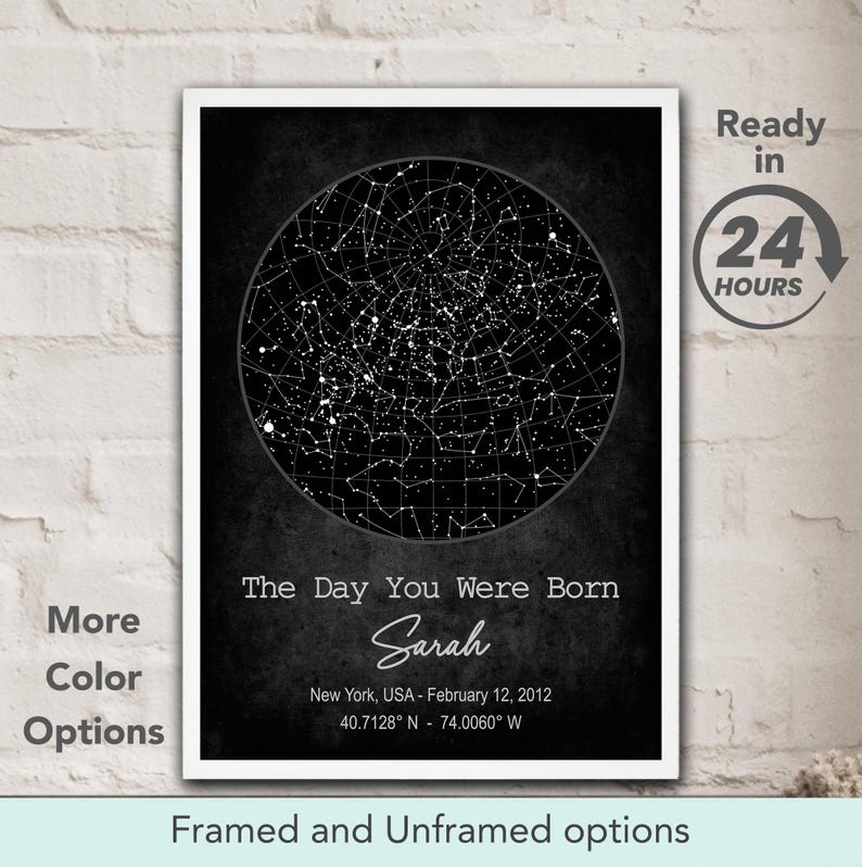 May include: Black and white printable poster with a star map showing the night sky on February 12, 2012 in New York, USA. The poster includes the text "The Day You Were Born" and the name "Sarah".