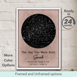 May include: A printable poster with a black and white star map showing the night sky on February 12, 2012, in New York, USA. The poster has a pink background and the text "The Day You Were Born Sarah" with the coordinates 40.7128&deg;N 74.0060&deg; W.