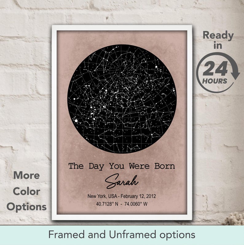 May include: A printable poster with a black and white star map showing the night sky on February 12, 2012, in New York, USA. The poster has a pink background and the text "The Day You Were Born Sarah" with the coordinates 40.7128&deg;N 74.0060&deg; W.