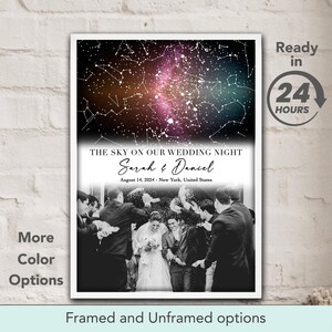 May include: A rectangular print featuring a star map of the night sky with a gradient of black, purple, and teal. Below the stars, the text reads: THE SKY ON OUR WEDDING NIGHT, Sarah & Daniel, August 14, 2024 - New York, United States.
