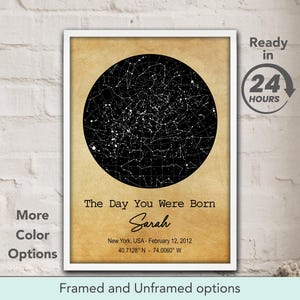 May include: A printable poster with a black and white star chart showing the night sky on February 12, 2012 in New York, USA. The text "The Day You Were Born" is above the chart, with the name "Sarah" written in cursive below. The coordinates 40.7128&deg;N 74.0060&deg; W are listed below the date.