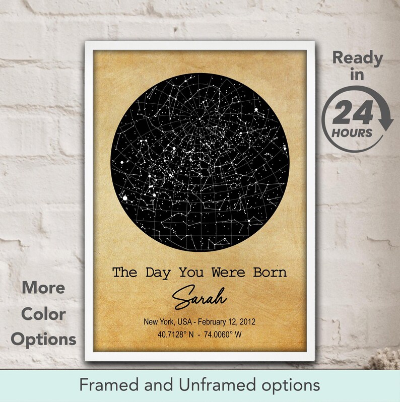 May include: A printable poster with a black and white star chart showing the night sky on February 12, 2012 in New York, USA. The text "The Day You Were Born" is above the chart, with the name "Sarah" written in cursive below. The coordinates 40.7128&deg;N 74.0060&deg; W are listed below the date.