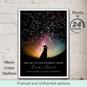 Carte des étoiles pour mariage Le ciel lors de notre nuit de noces, affiche d'art mural personnalisée, cadeau d'anniversaire personnalisé, cadeau pour couple, fiancés, carte