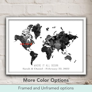 Carte du monde personnalisée pour couples, où tout a commencé, cadeau de mariage, impression de notre premier rendez-vous, cadeau d'anniversaire de fiançailles personnalisé