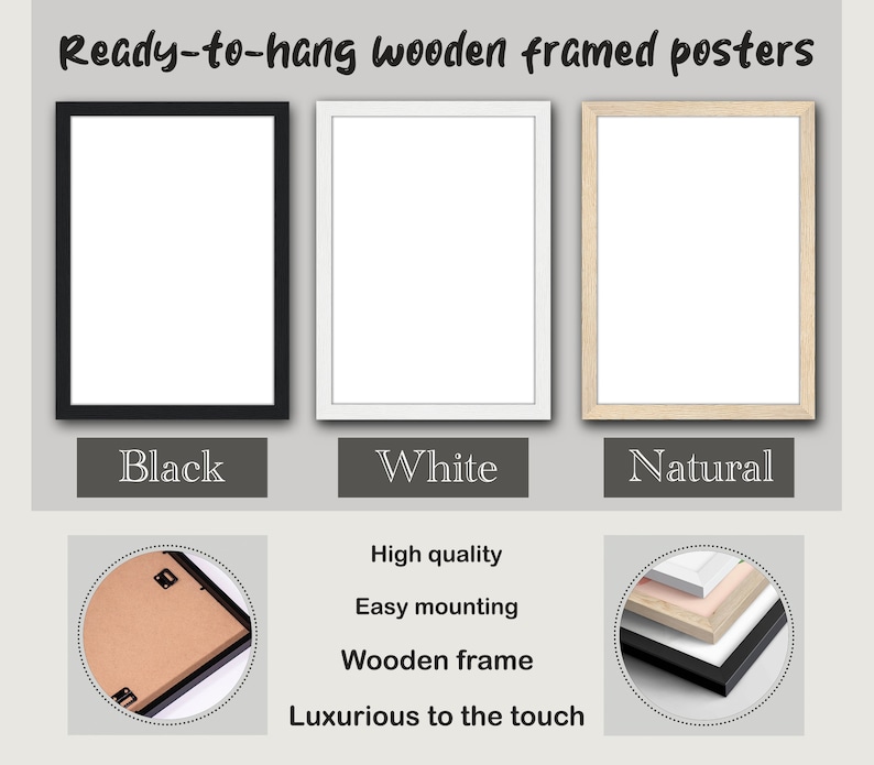 May include: Three wooden framed posters with black, white, and natural wood frames. The frames are ready to hang and have a luxurious feel.