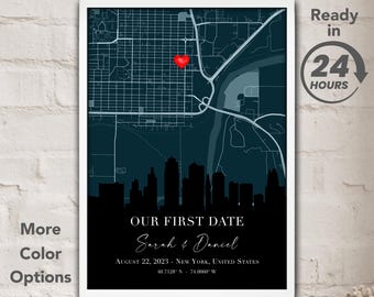 Our First Date Location Map: Personalized Anniversary Gift, Romantic Couples Coordinates Poster