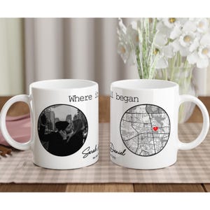 Caneca com mapa da cidade e sua foto, caneca de cerâmica personalizada com onde tudo começou, presente de aniversário por data, presentes de casamento.