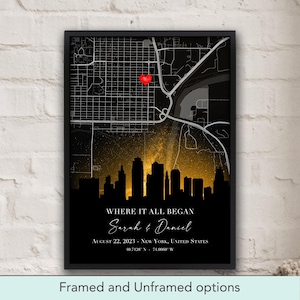 Personalisierte Landkarte, wo alles begann Die Nacht, in der wir uns trafen, wo wir uns trafen Datum Karte Hochzeitstag Poster Geschenk Herzkarte