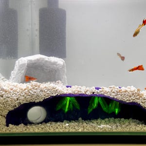 May include: A small fish tank with white gravel, a purple cave, and green plants. There are several orange and white guppies swimming in the tank.