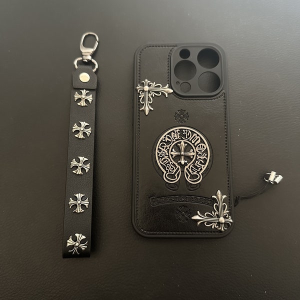 leather Chrome Hearts Gothic Case,iPhone15Case, Cross Flower Case ,Punk Case,Chrome Hearts style Design,Y2k Leather Designer