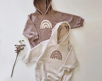 Baby Oversized Hoodie Romper Toddler Rainbow Hoodie Romper Spring Long Sleeve Beige Sweatshirt Outwear Autumn Baby Bodysuit