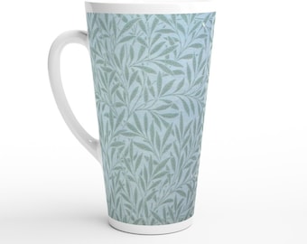 William Morris Blue Willow Pattern on a Tall coffee latte mug, glossy ceramic cup for hot chocolate mug