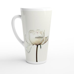 White Peony Tall Latte Mug, Floral Pattern Ceramic Coffee Cup, White Flower Mug, Gift for Gardeners