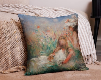 Pierre Renoir Sofa Scatter Pillow, indoor throw cushion Girls in the Grass, vintage painting on a scatter throw cushion