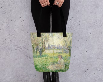 Claude Monet Tote Bag, vrouw zittend onder wilg, casual schoudertas