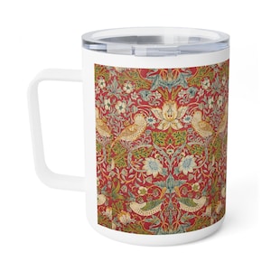 William Morris Insulated Coffee Mug, Strawberry Thief Pattern, Victorian-era Design, Vintage floral and bird motif, Gift for Art Lovers