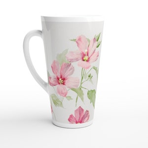 Floral Tall Latte Mug, Pink Mallow Flower Coffee Cup, Large 17oz Ceramic Mug