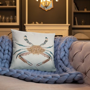 Blue Crab Scatter Cushion, Coastal Theme Throw Pillow, Nautical Sofa Accessories, Crab on Square Pillow