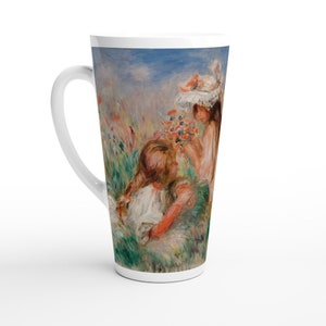 Tall coffee latte mug, Renoir painting of girls in the grass, glossy ceramic cup for hot chocolate mug