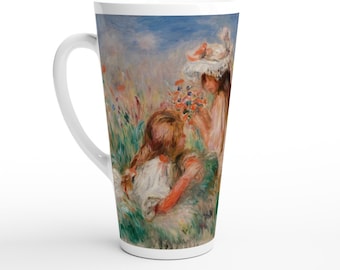 Tall coffee latte mug, Renoir painting of girls in the grass, glossy ceramic cup for hot chocolate mug