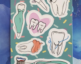 May include: A set of nine colourful stickers featuring tooth-themed illustrations. The stickers include a tooth fairy, a tooth with braces, a tooth with a cavity, a tooth with floss, a tooth with a toothbrush, a tooth with a polar bear, a tooth with a dress, and a tooth with a toothbrush. The stickers are on a turquoise background with confetti.