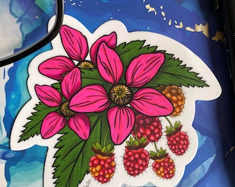 Salmonberries Sticker: Vibrant Pink Flowers, Berry Picker Gift