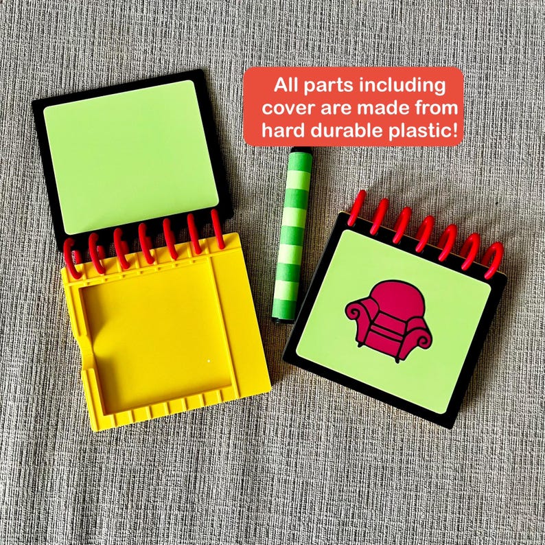May include: A set of children's toys featuring a yellow notebook, a green and white striped crayon, and two notebooks with red spiral binding. One notebook has a green page and the other has a red armchair graphic. Text on the image reads: All parts including cover are made from hard durable plastic!
