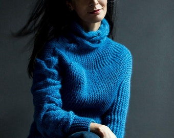Custom Order Unique Hand knitted Sweater, Authentic design knitwear, made to measure Handmade winter Fashion Top, blue
