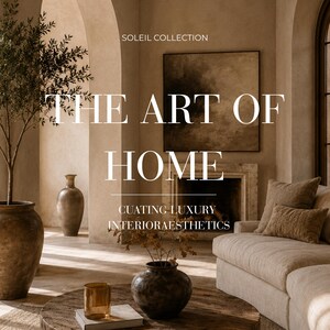 Puede incluir: Imagen de diseño de interiores que muestra un salón con tonos neutros. Se ve un sofá grande, jarrones decorativos y un árbol en maceta. El texto "THE ART OF HOME" se muestra de forma destacada, con "SOLEIL COLLECTION" en la parte superior.