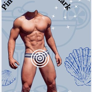 May include: A blue and white target with a blue seashell on a blue background. The text "Pin the shell on Mark" is at the top of the image. The text "Last Toast on the Coast" is at the bottom of the image.