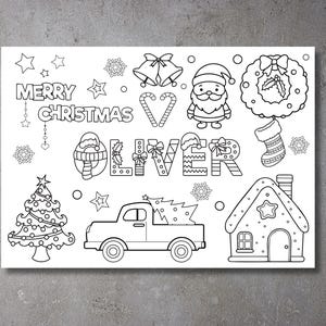 May include: A black and white printable colouring page with a Christmas theme. The page features a Christmas tree, Santa Claus, a gingerbread house, a truck with a Christmas tree in the back, a wreath, a stocking, and the words "Merry Christmas Oliver".